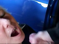 amateur sexy blond received big facial in parking lot