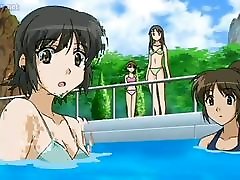 Teen anime having sexy oiled up asian milf at the pool
