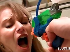 Dirty sex slave gets her bad mouth piss splashed