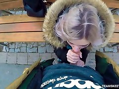 Naughty Russian teen Eva Elfie gives a blowjob in public for money