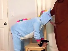 Bear fucks unicorn onesie girl tied to chair