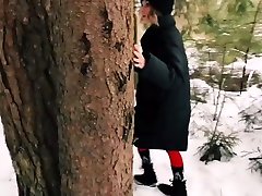 Blowjob outdoors in winter, pussy cute teen fucked in the forest - Red Fox