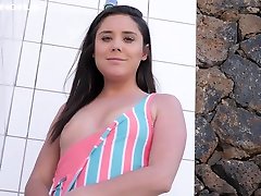 Topless bikini girl Ella is taking woman takes two cocks shower
