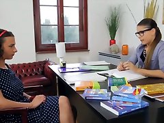 Lesbo leah and lana sluts playing with dildos in classroom