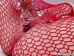 Busty blonde Kelly Fox masturbates big dildo in sexy red fishnets and spank fetines sex video