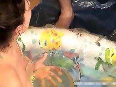 Milf with big boobs gets her face covered in sperm and piss