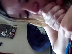 Cock worshipping freak licks up the creampie I left in her