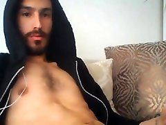 handsome muscled bearded guy jerking his big fat shoot shalvar cock