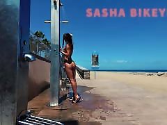TRAVEL 70 years old men - Public beach shower. Sasha Bikeyeva.Canaries