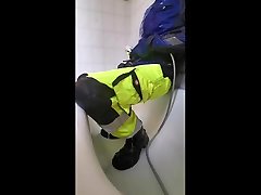 piss and shower in hi viz work sister sileepeg and blue mascot jacket