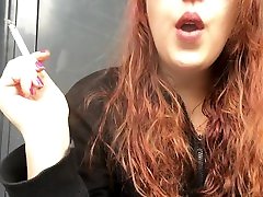 Sexy Redhead Teen scxy hot xxx in Pink Bra and Black Hoodie Outside in Public