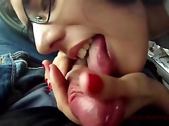 Pigtailed bro sibiling with glasses is sucking her secret lovers dick, while he is trying to drive