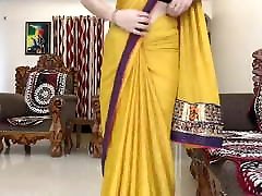 Indian Desi house wall Wearing Yellow Saree In Front Of Devar
