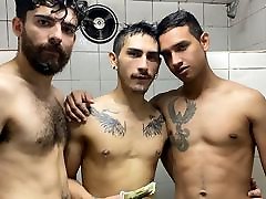 Young Latino son sex ass mom Threesome With Guys In Gym Shower For Cash