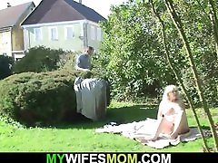 Doggystyle fucking old blonde mother-in-law outdoors