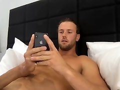 handsome muscle smooth guy jerking his big fat uncut cock