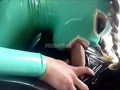 Rubber Blowjobs Guy in black spin bottle big tits catsuit gets cock