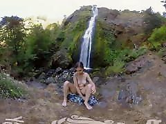 Watch sperm lust brunette Calliope masturbating at the waterfall