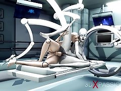 Alien lesbian sex in sci-fi lab. Female pissin her throat plays with an alien