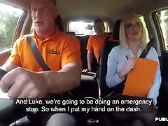 Busty English driving instructor squirts in car