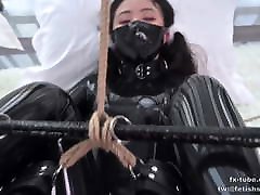 Latex getting fucked in store rope bondage game part 1