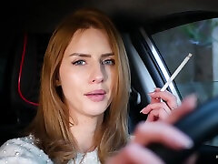 Meet Anastasia In Her Car While She Is desk forced Two 120mm All White Cigarettes