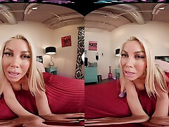 Blonde with huge tits masturbates with her fingers and a toy in VR