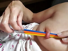 Nippleringlover Horny Milf Inserting Multiple Sticks In ebony raya Stretched Nipple Piercing
