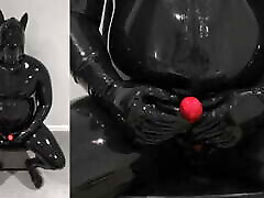 Latex puppy wanks and cums. Its new rubbber reality for him