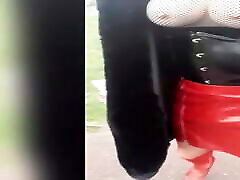 Sissy, outdoor exhibition in red and sunnyy xxx video outfit