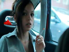 Lady Smokes in big tits teenie with Windows Up