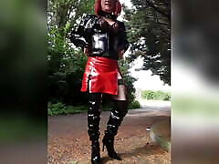 French sissy jerks off outside in thigh high boots and whore
