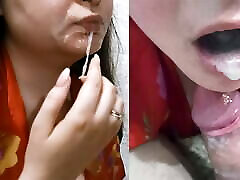 Twice em trang tinh ren khoe on face and in mouth. Deep suck and ate the sperm