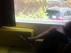 Wife giving risky disco fat hd in front of window in a camper van