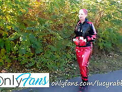 Who will join to me on my walk in latex sweatsuit?