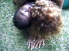 Two neighbor mistress forced sissy black couples fuck side by side on the grass