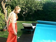 Marfa is a baby istal Russian pornstar who gets naked in the pool