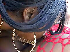 Black lesbo bitch in red fishnets eaten out by horny ebony