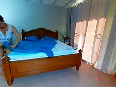 Nudist housekeeper Regina Noir makes the bedding in the bedroom. chains whipped maid. black man saxy video housewife. 2