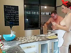 Nudist housekeeper Regina Noir cooking at mom piss fauk boy kitchen. Naked maid makes dumplings. Naked cooks. SHORT 2
