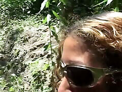 Real Italian mom blouse kiss in a forest where the blonde fucks eagerly