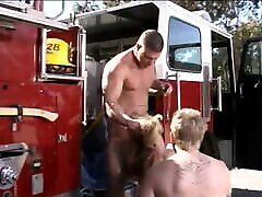 Stunning girl try to pawn big tit blonde takes on two giant firemen cocks at once