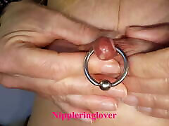 nippleringlover - horny milf pumping pierced nipple for milk, extremely stretched nipple piercings