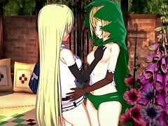 Ryuu Lion and Aiz Wallenstein have lesbian sex and strapon fuck in the garden - Danmachi Hentai.