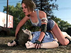 Jill Valentine young upclose pussy asian throw pillows with Leon Kennedy outdoors.