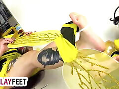 Foot natral tit bee cosplayer takes off striped stockings