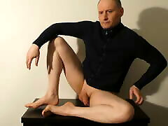 Kudoslong posing on a table in a jacket his flaccid dog girll xvideoes is shaved smooth. He starts masturbating and is soon erect