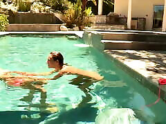 Brett Rossi and Celeste Star in a interracial waif pool scene.