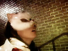 Erotic brunette in cat mask gets story in hindi audio in a dark alley