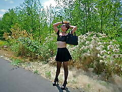 Longpussy, out for a walk, Huge Pussy Plug, Sheer Top, nf russian Heels, Thigh Highs and a Short Skirt in Public!